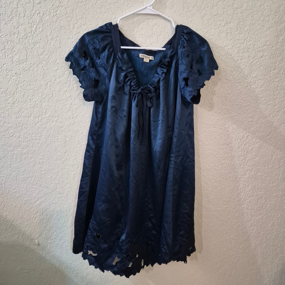 Forever Y2K Satin Babydoll Mini Dress L Navy Blue Eyelet Puff Sleeve Coquette